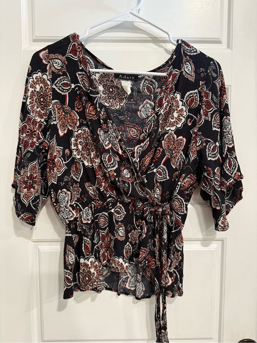 Adara Floral Paisley Wrap Peplum Blouse Black Boho Tie Waist Women’s M